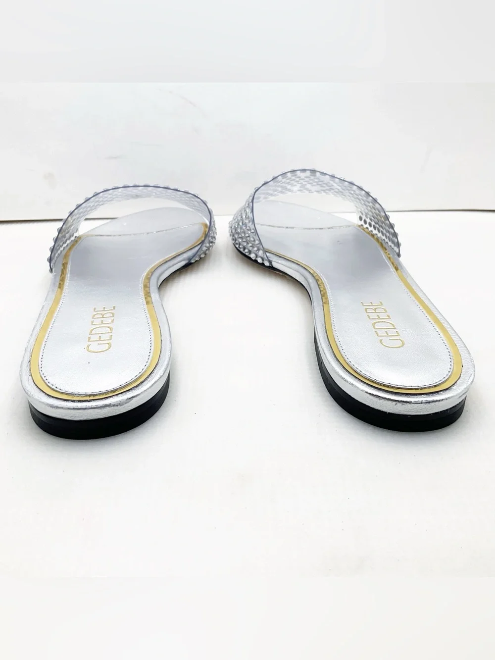 🆕{Gedebe} Metallic Leather Silver Crystal  Embellished Slides Sandals